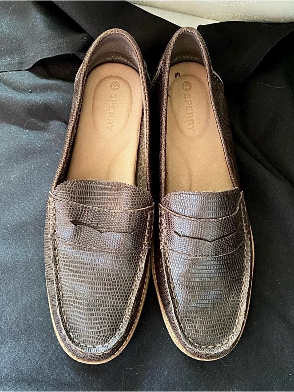 Sperry Womens Dark Brown Lizard Penny Loafers